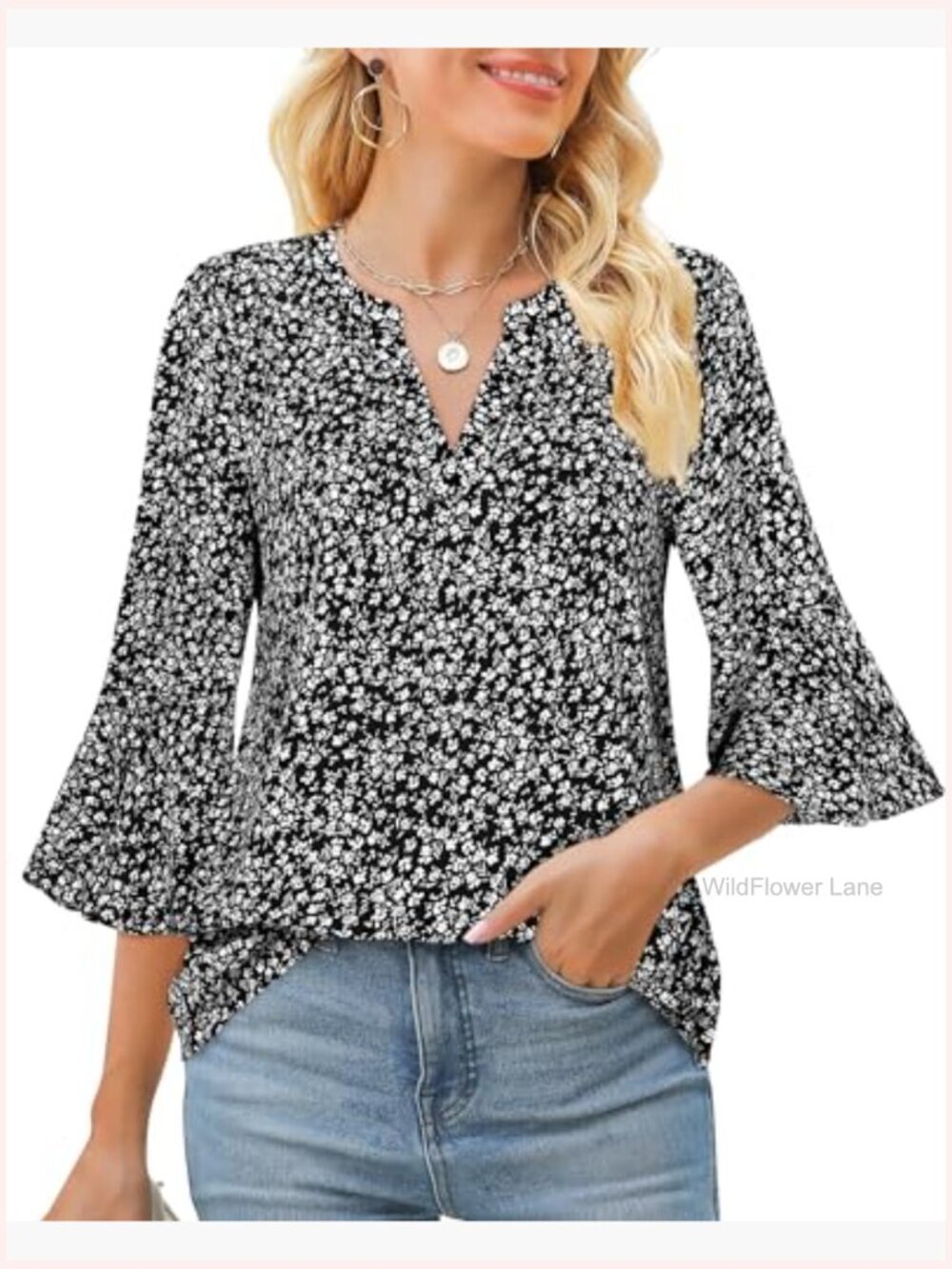 Ruffle 3/4 Sleeve V Neck Chiffon Tunic Blouse Business Work Top - Picture 2 of 6